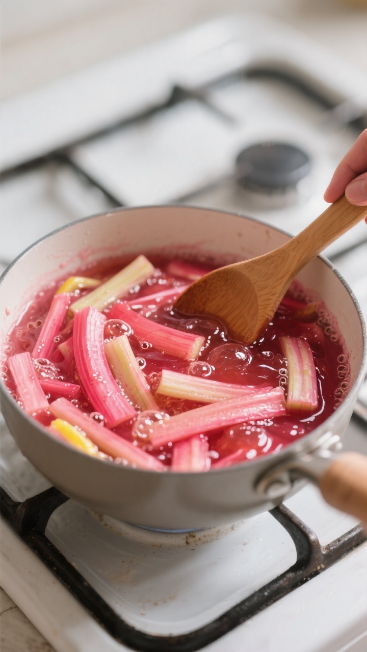 Cooking process close-up: Jammy rhubarb compote simmering in a medium saucepan, glossy pink-red swir