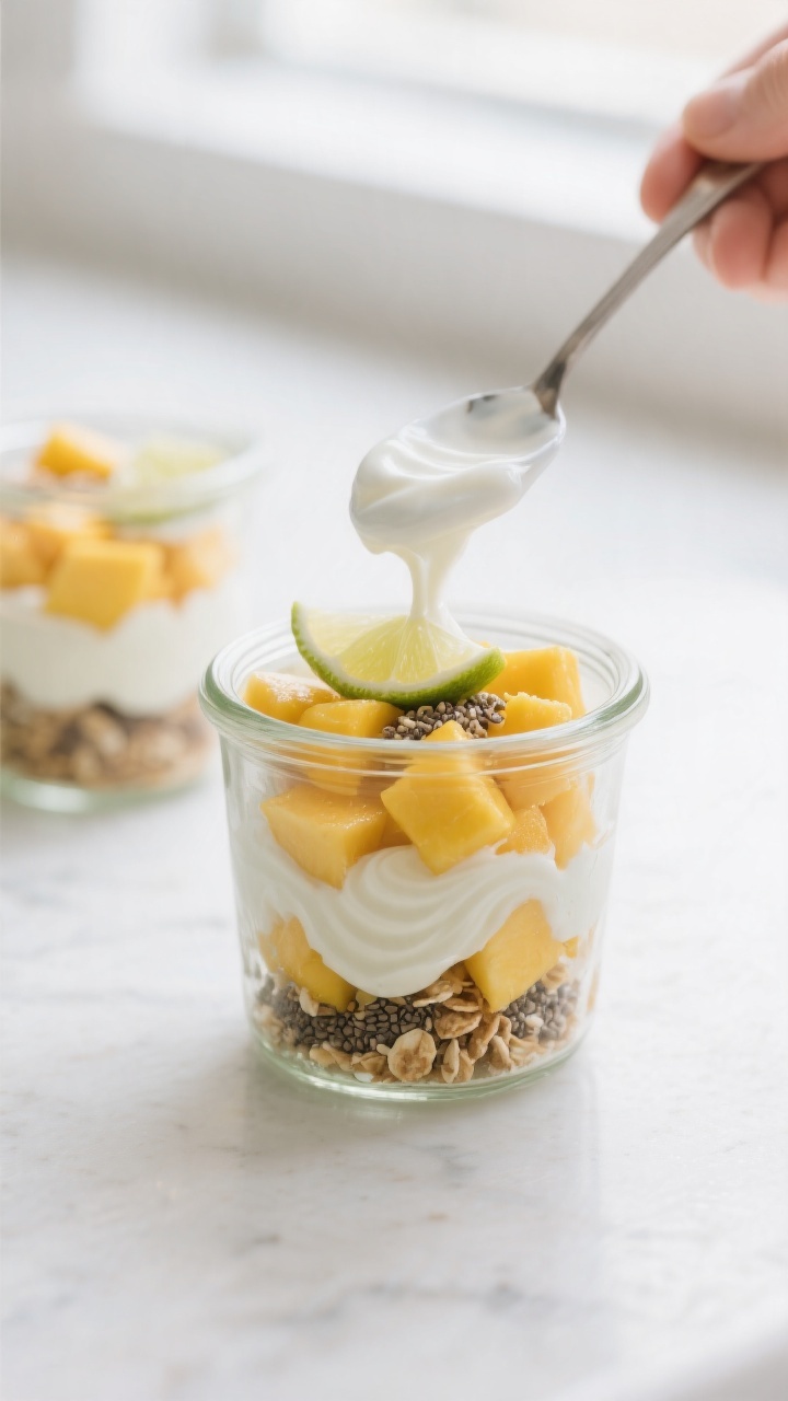 Cooking process close-up: Layering a kid-friendly mango yogurt parfait in a clear glass jar, spoon g