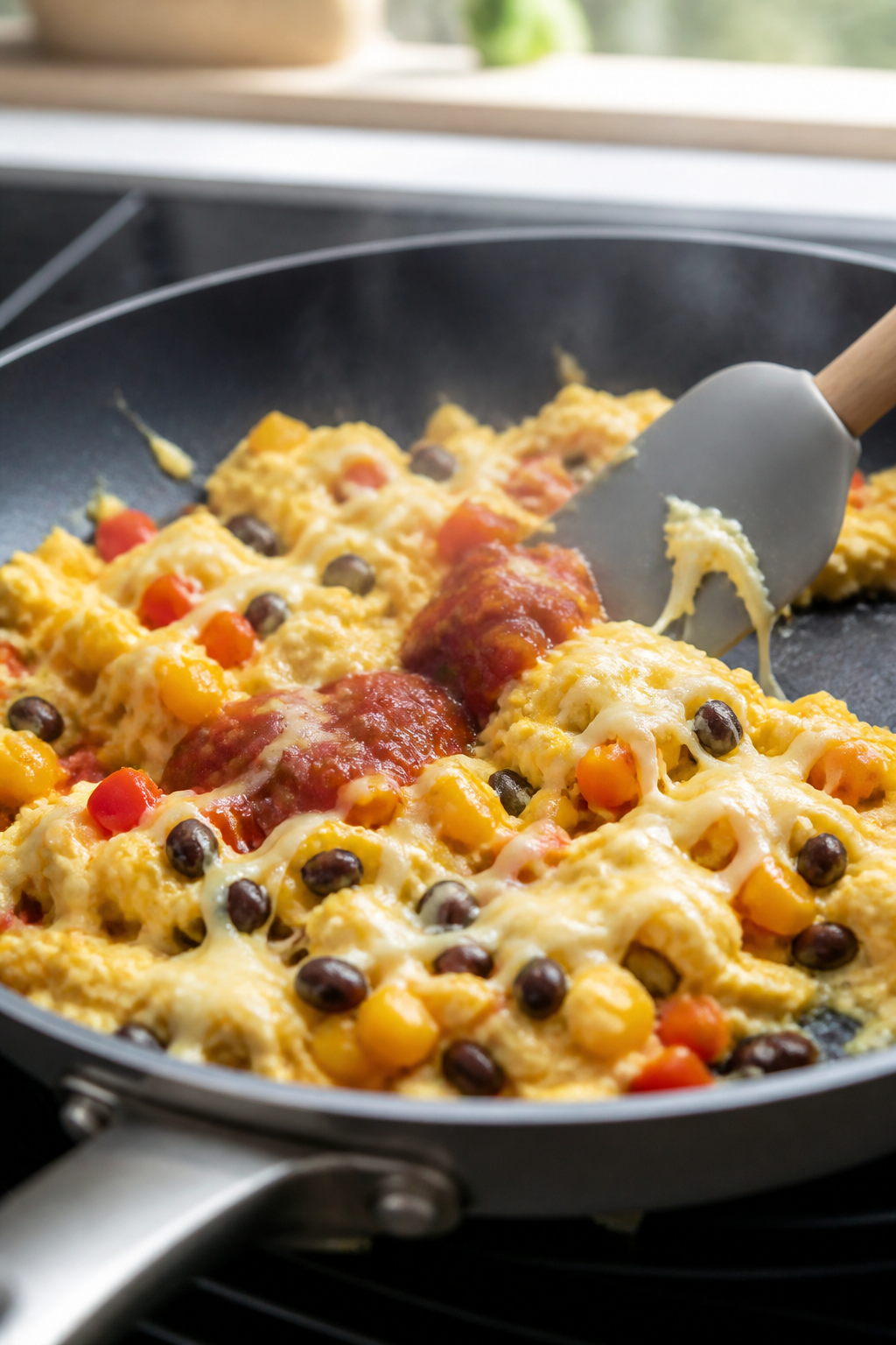 Cooking process close-up: Soft folds of Mexican-style scrambled eggs forming in a nonstick skillet o