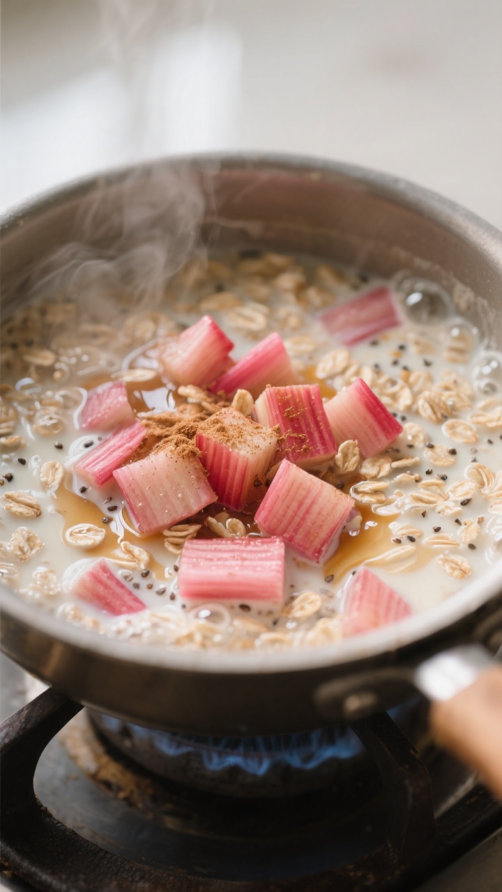 Cooking process, close-up: Steaming, simmering rhubarb-oat mixture in a small saucepan on the stovet