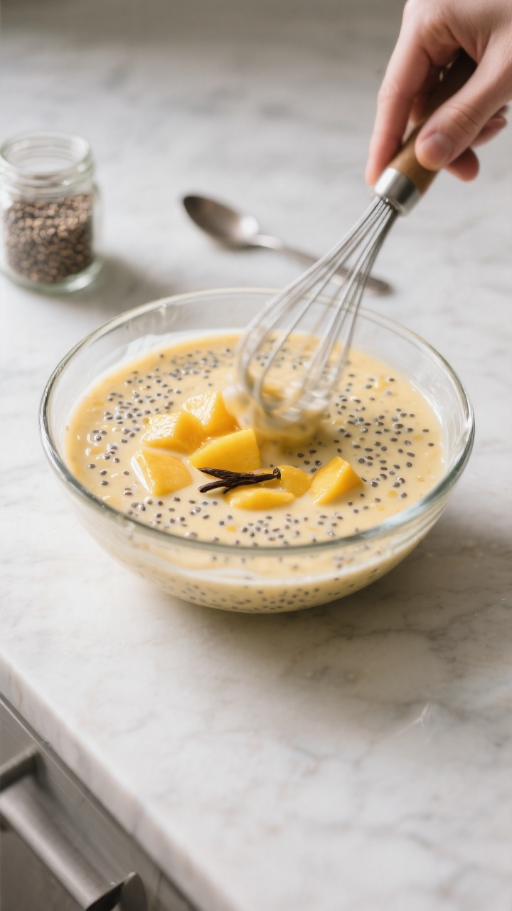 Cooking process close-up: Thickening mango chia pudding in a clear glass mixing bowl after the 10-mi