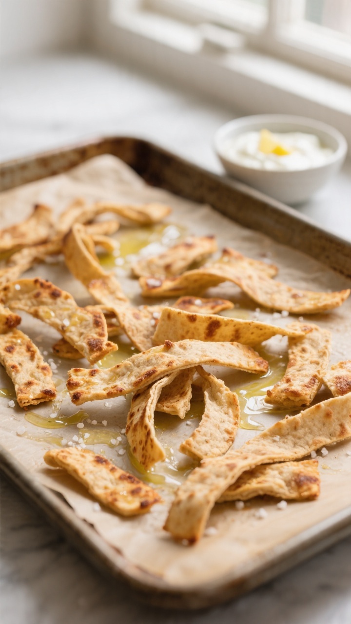Cooking process: Golden-baked whole-wheat tortilla strips just out of the oven, scattered on a parch