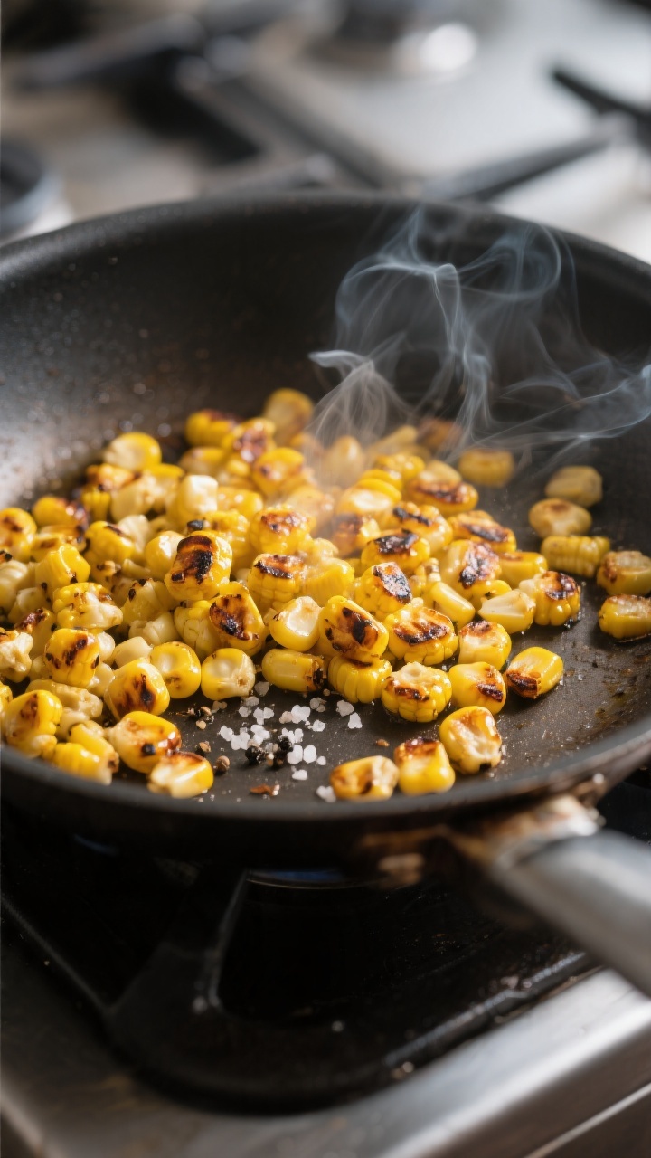 Cooking process: Lightly charred corn kernels sizzling in a dry skillet, golden-browned edges with a