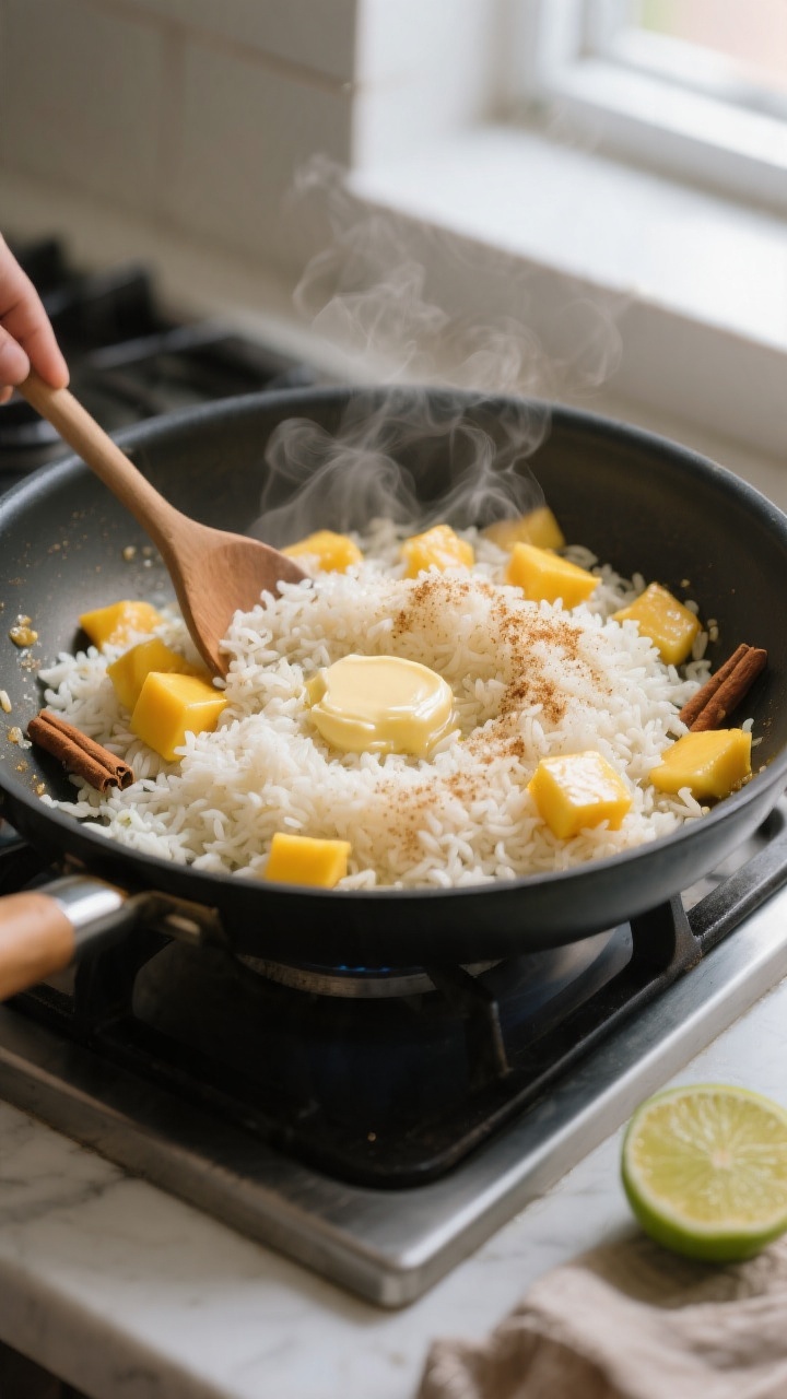 Cooking process: Mango rice being gently folded in a wide skillet over low heat, glossy butter/ghee 