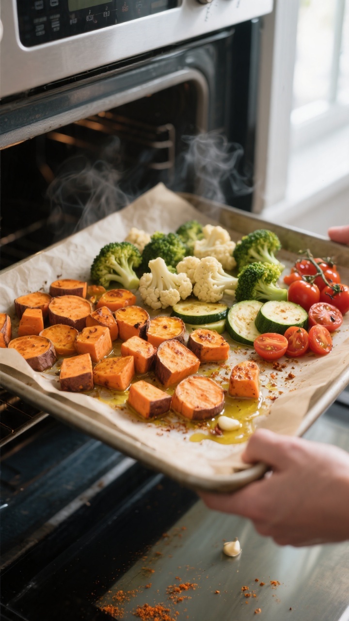 Cooking process, mid-roast: A parchment-lined sheet pan in a home kitchen oven just pulled out halfw