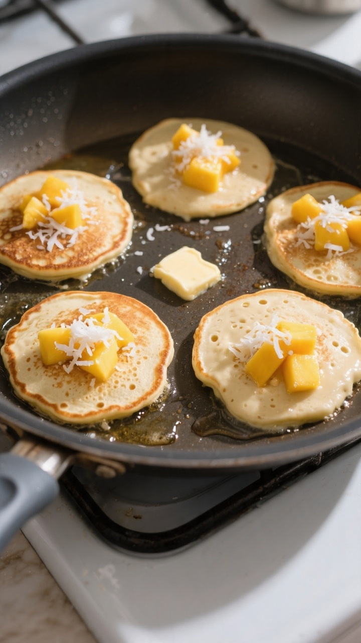 Cooking process: Overhead shot of mango pancake batter portions cooking on a nonstick skillet; mediu