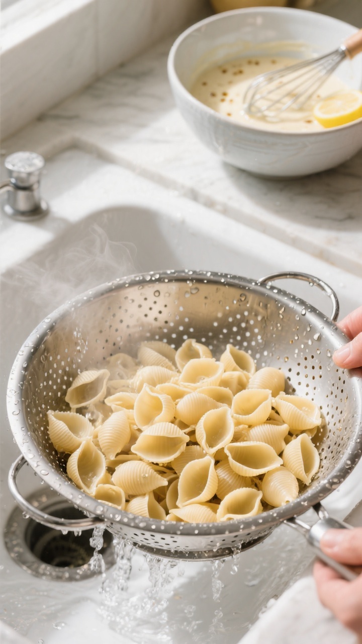 Cooking process: Overhead shot of perfectly al dente mini shells being rinsed under cold water in a 