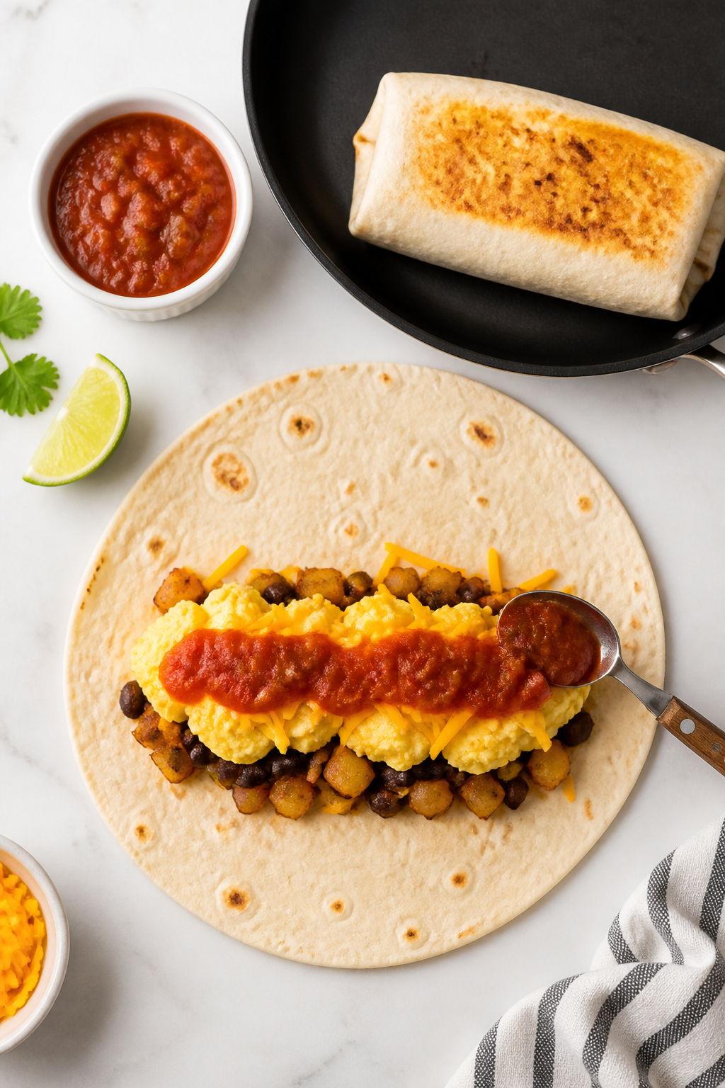Cooking process: Overhead shot of the assembly step on a clean countertop—one warm flour tortilla 