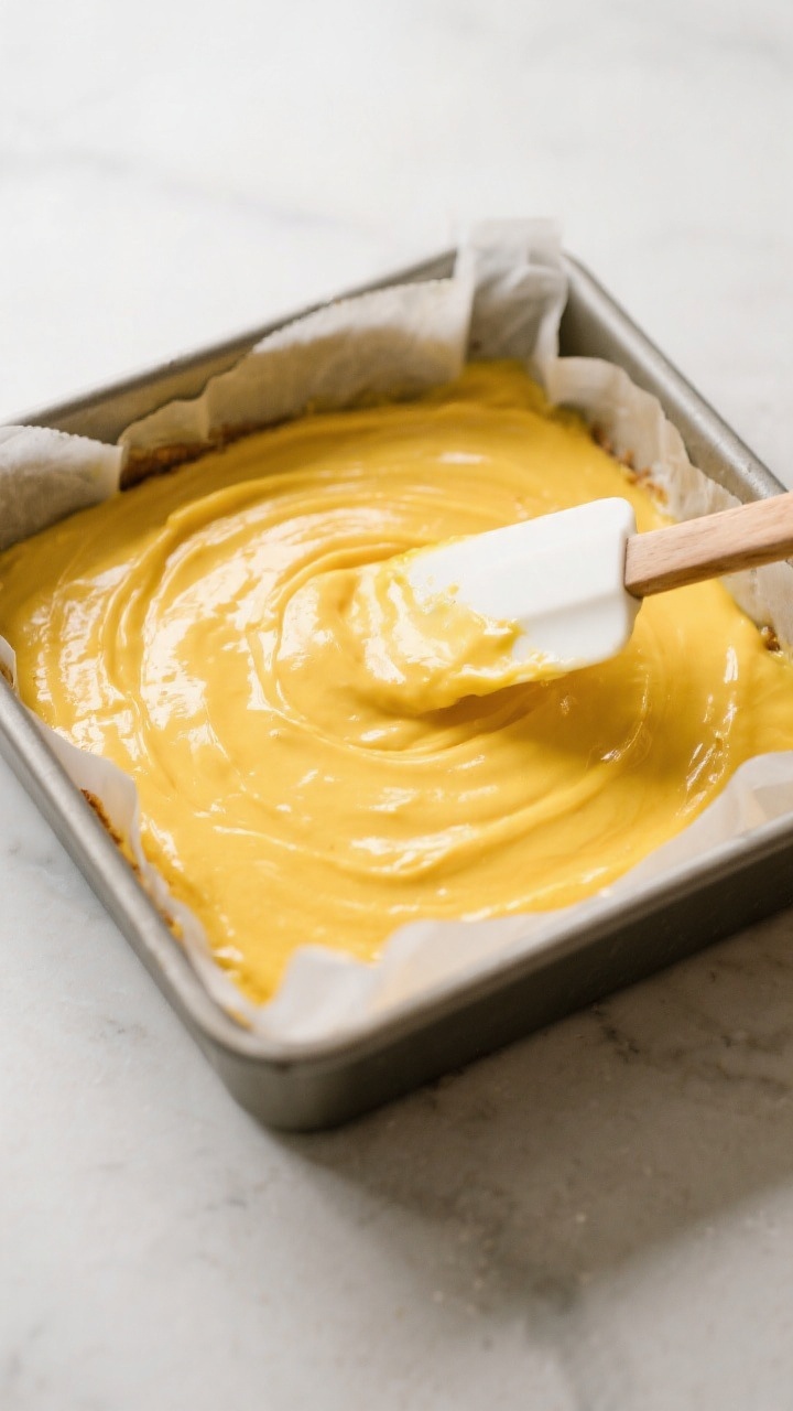 Cooking process: Overhead shot of the bright mango cake batter just poured into a parchment-lined 8-