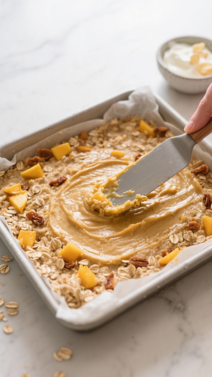Cooking process: Pressing and leveling the mango oat mixture firmly into a parchment-lined 8x8 inch 