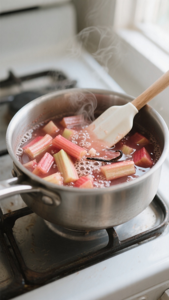 Cooking process — Rhubarb compote simmering in a medium stainless saucepan: soft chunks of cooked 