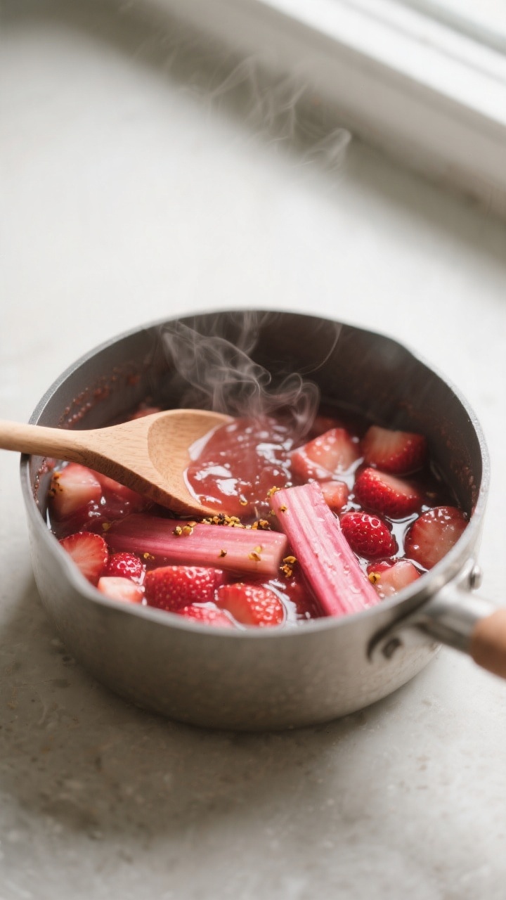 Cooking process: Rhubarb-strawberry compote simmering to a glossy, jammy texture in a small saucepan