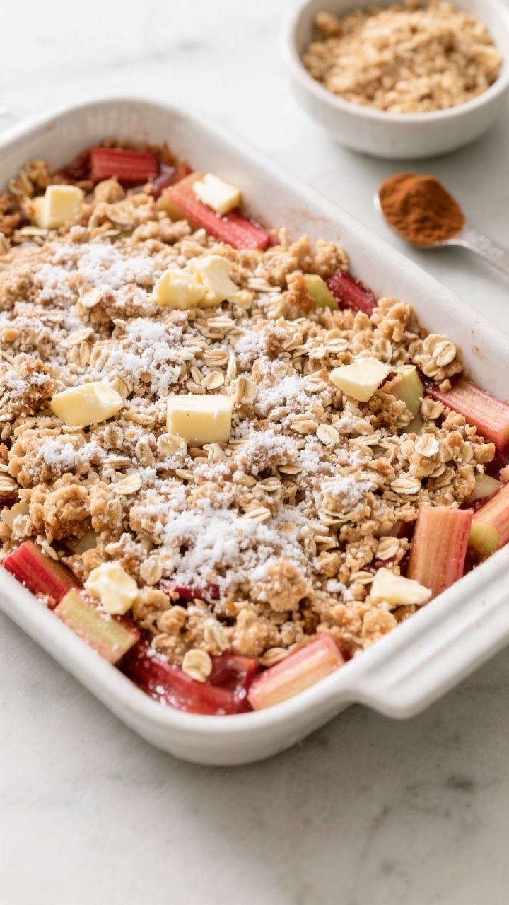 Cooking process shot: Assembled, unbaked rhubarb crumble just before the oven—rhubarb filling alre