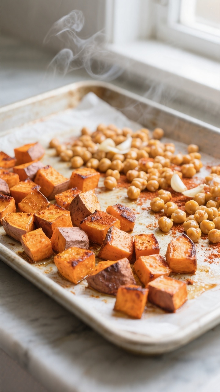 Cooking process shot: Roasted sweet potato cubes and chickpeas midway through roasting on a parchmen