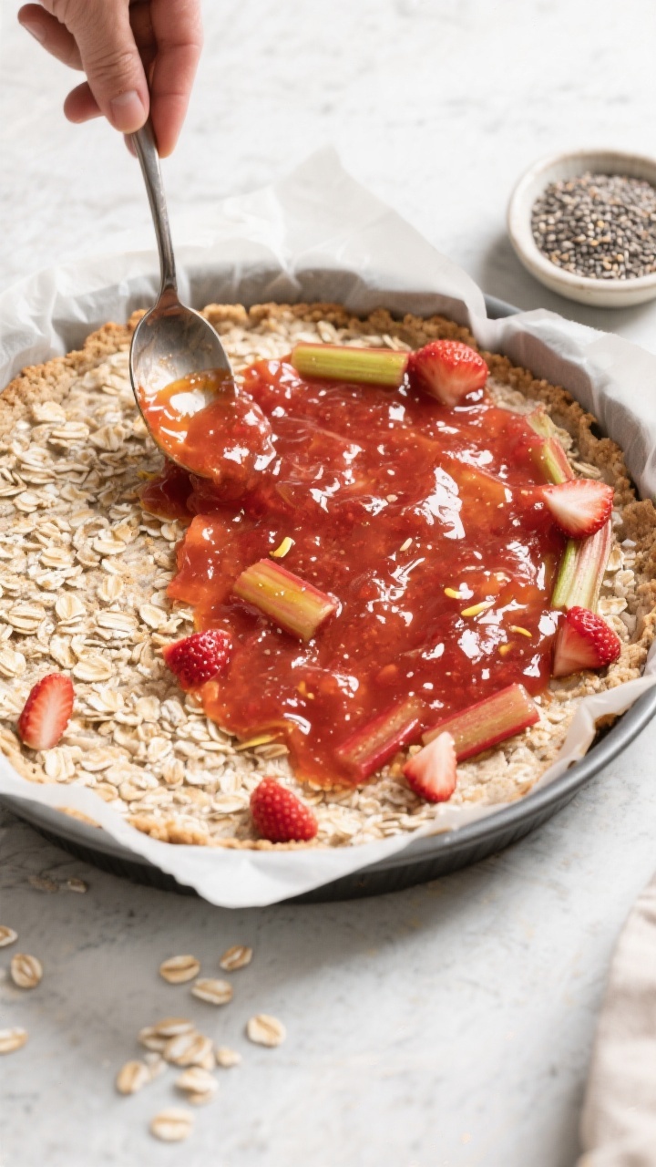 Cooking process: Thick, jammy rhubarb filling being spread evenly over a firmly pressed oat base in 