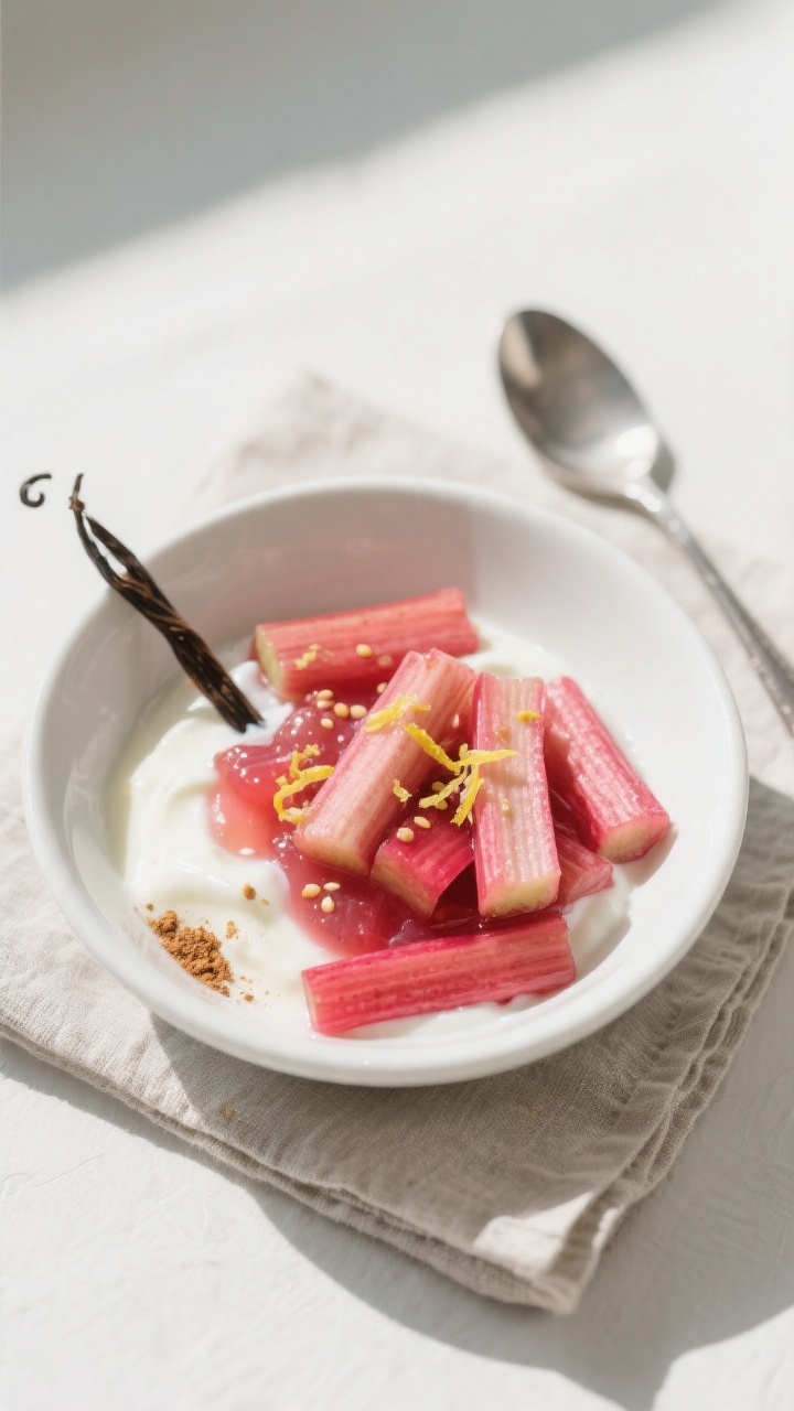 Final dish — Beautifully plated rhubarb compote over creamy vanilla yogurt in a white cereal bowl: