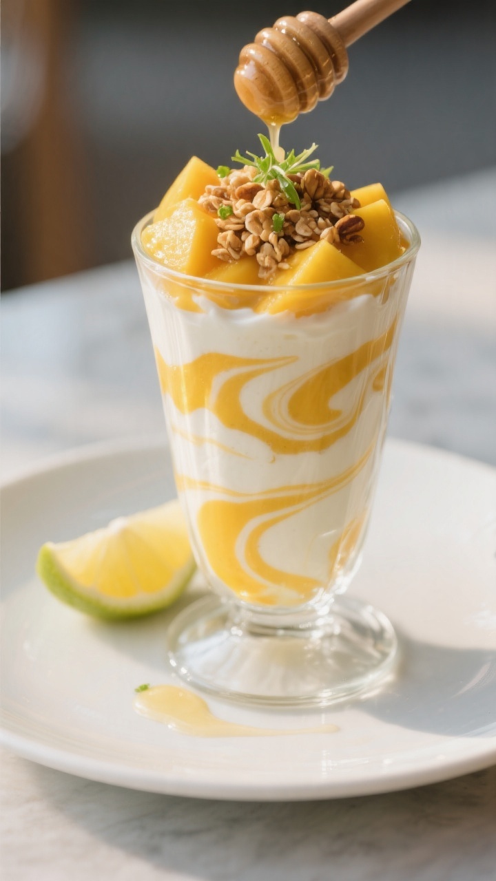 Final dish hero shot: Beautifully plated mango yogurt parfait “Sunrise Swirl” variation—yogurt