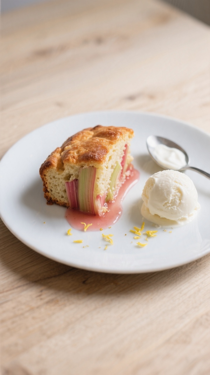 Final dish presentation: A plated slice of rhubarb cake served slightly warm with a scoop of vanilla