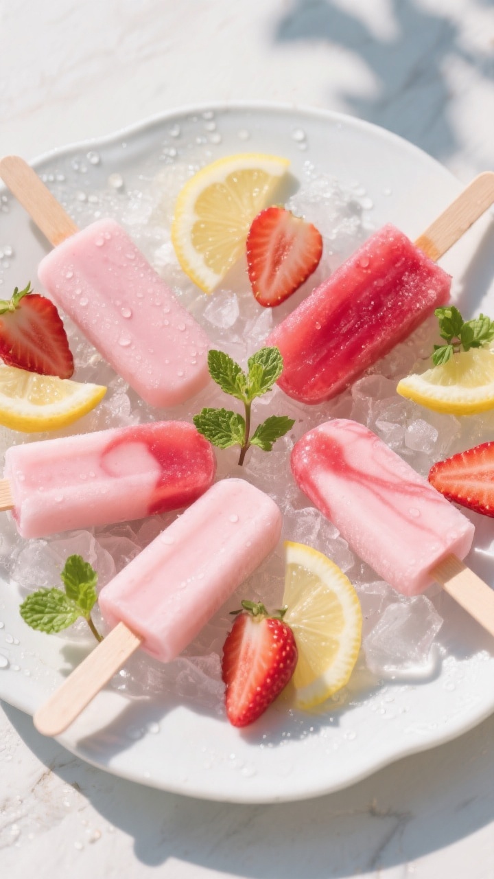 Final dish presentation: Beautifully arranged rhubarb popsicles in vivid pink tones on a white ceram