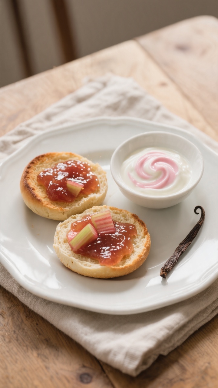 Final dish presentation: Beautifully plated breakfast scene featuring warm English muffin halves gen