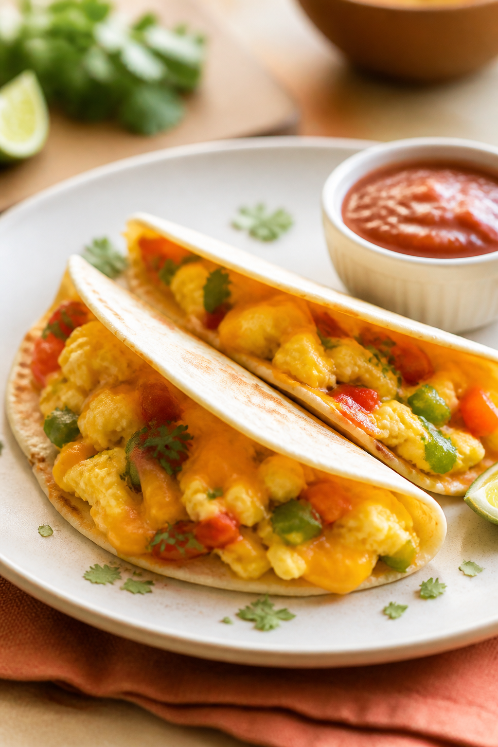 Final dish presentation: Beautifully plated Easy Mexican Breakfast Tacos for Kids—two folded tacos