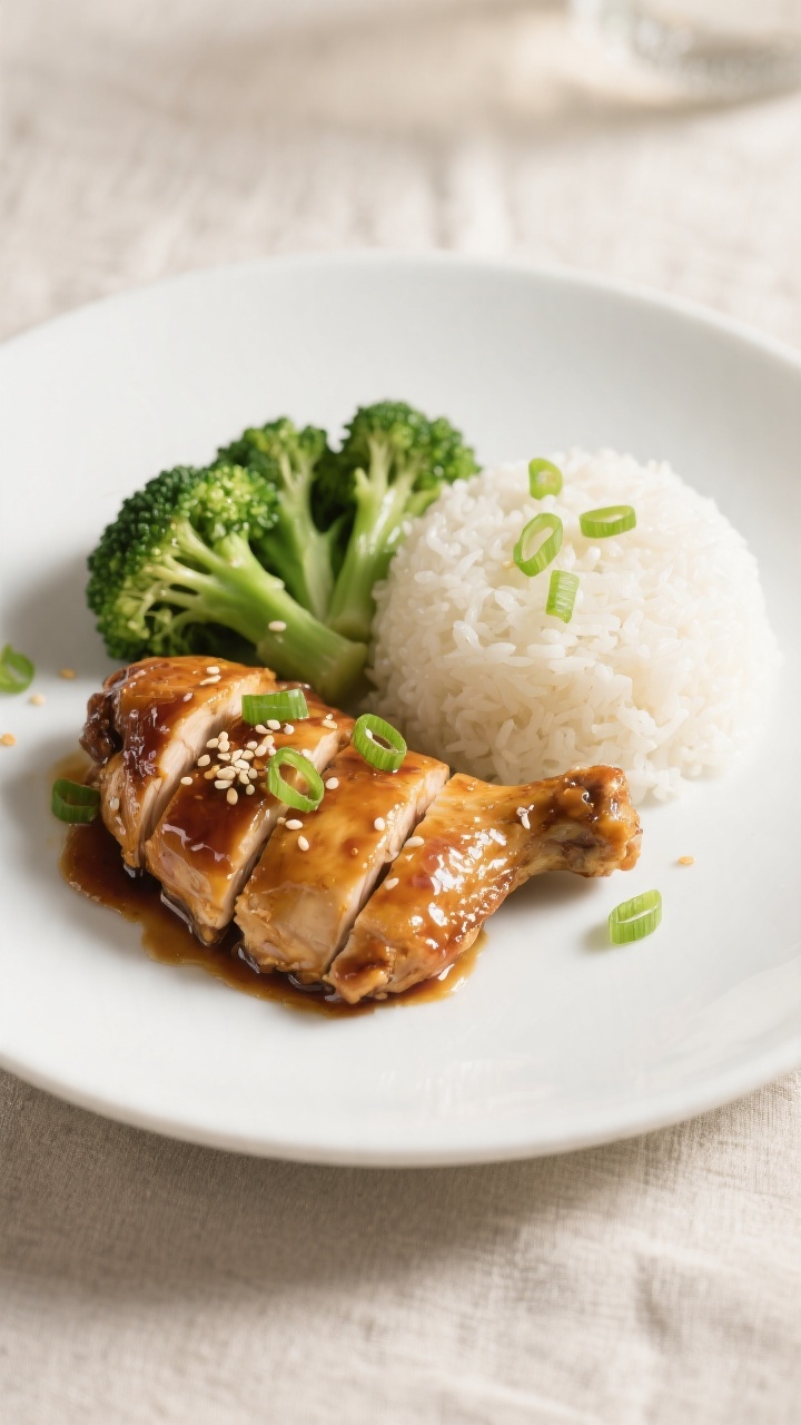 Final dish presentation: Beautifully plated honey garlic chicken thighs on a matte white dinner plat