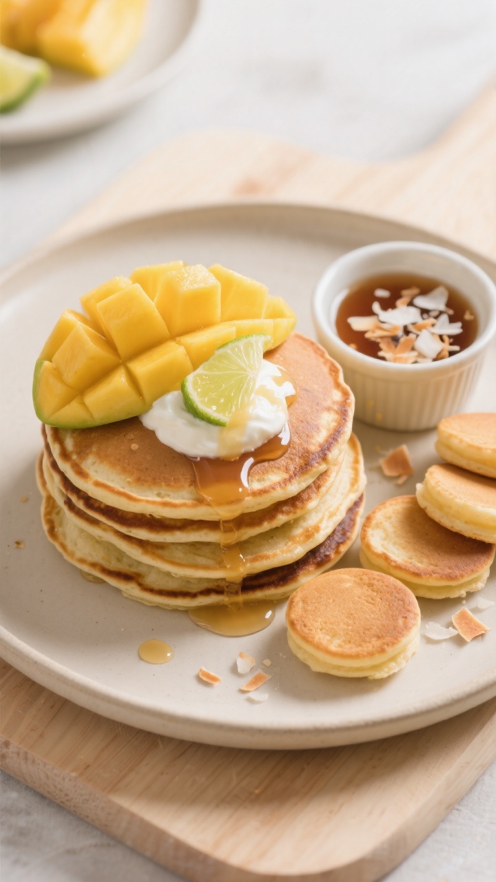 Final dish presentation: Beautifully plated “Kid-Friendly Mango Pancakes” breakfast spread, ; ne