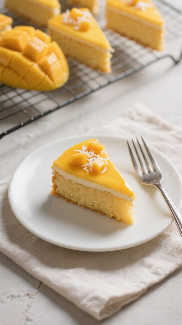 Final dish presentation: Beautifully plated slice of mango cake on a matte white round plate, topped