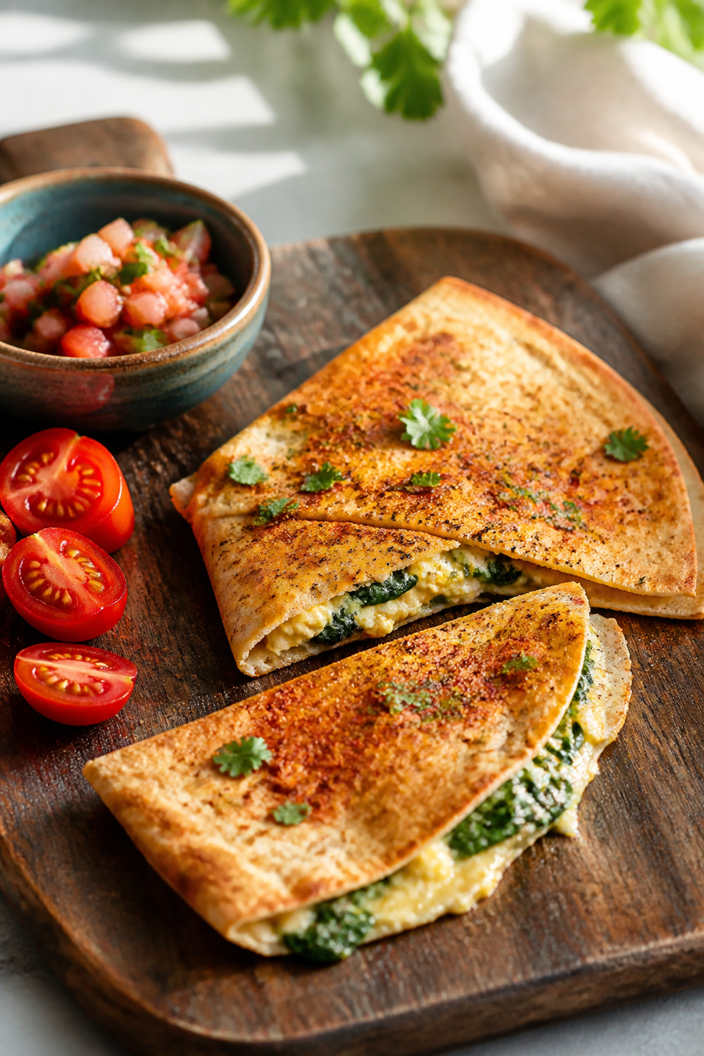 Final dish presentation: Beautifully plated whole-wheat breakfast quesadilla half-moon with extra-cr