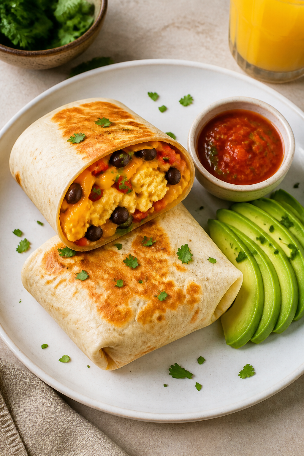 Final dish presentation: Restaurant-quality plated Mexican breakfast burritos arranged two per plate