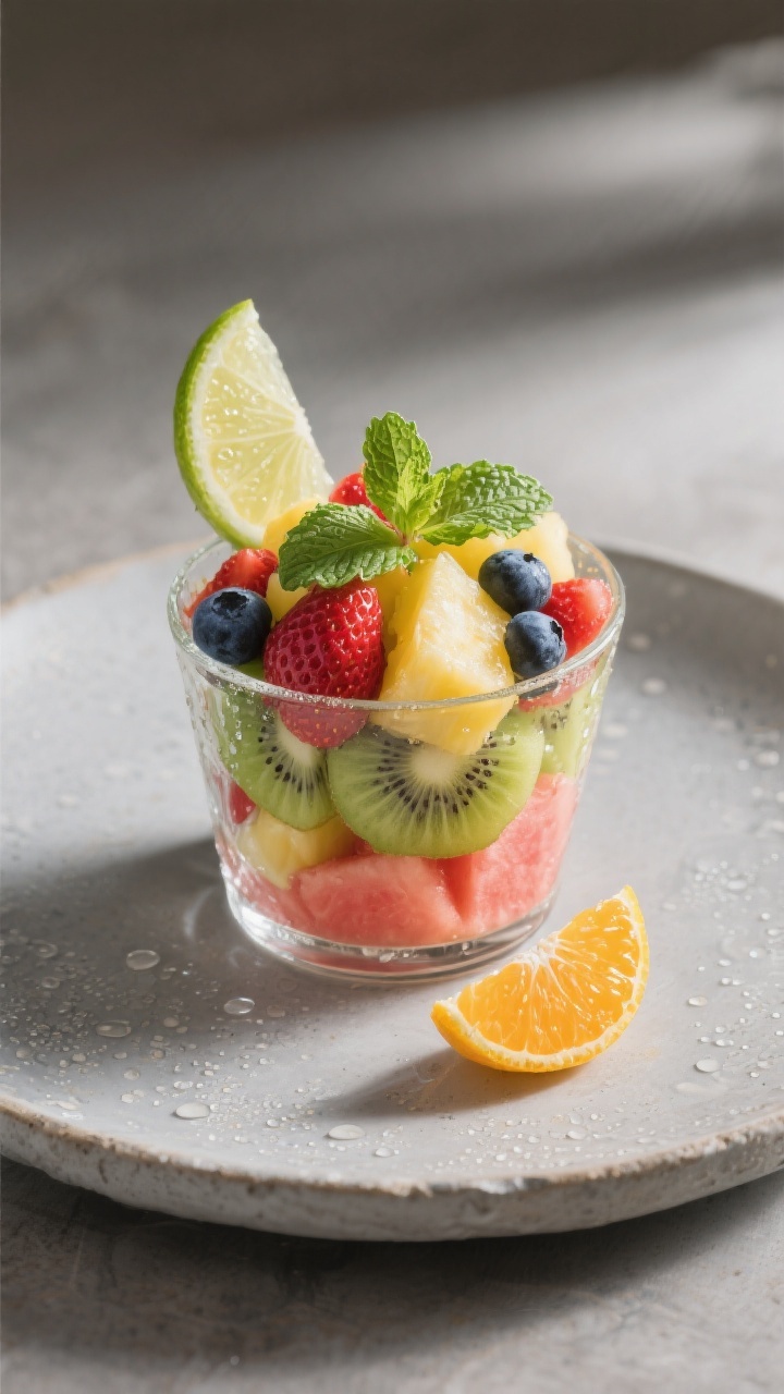 Final dish presentation: Restaurant-quality plating of a single portion of the finished fruit salad