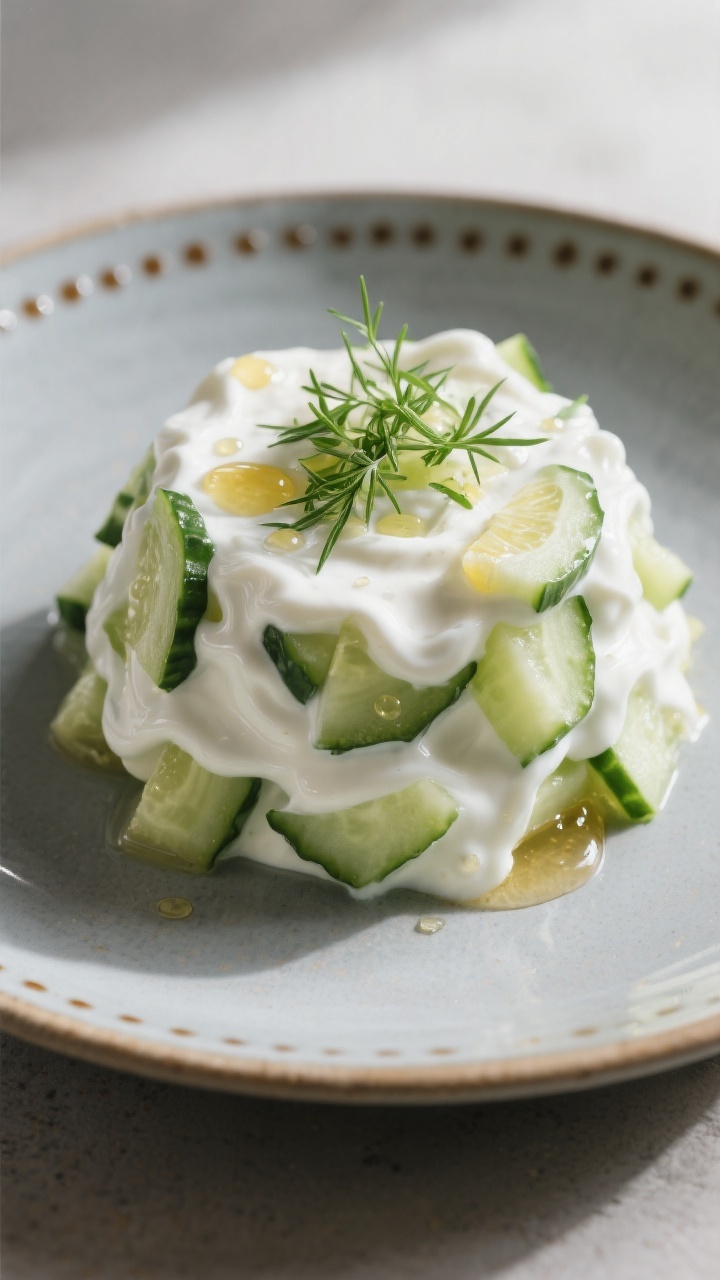 Final dish presentation: Restaurant-quality plating of thick Greek-yogurt version of the salad on a