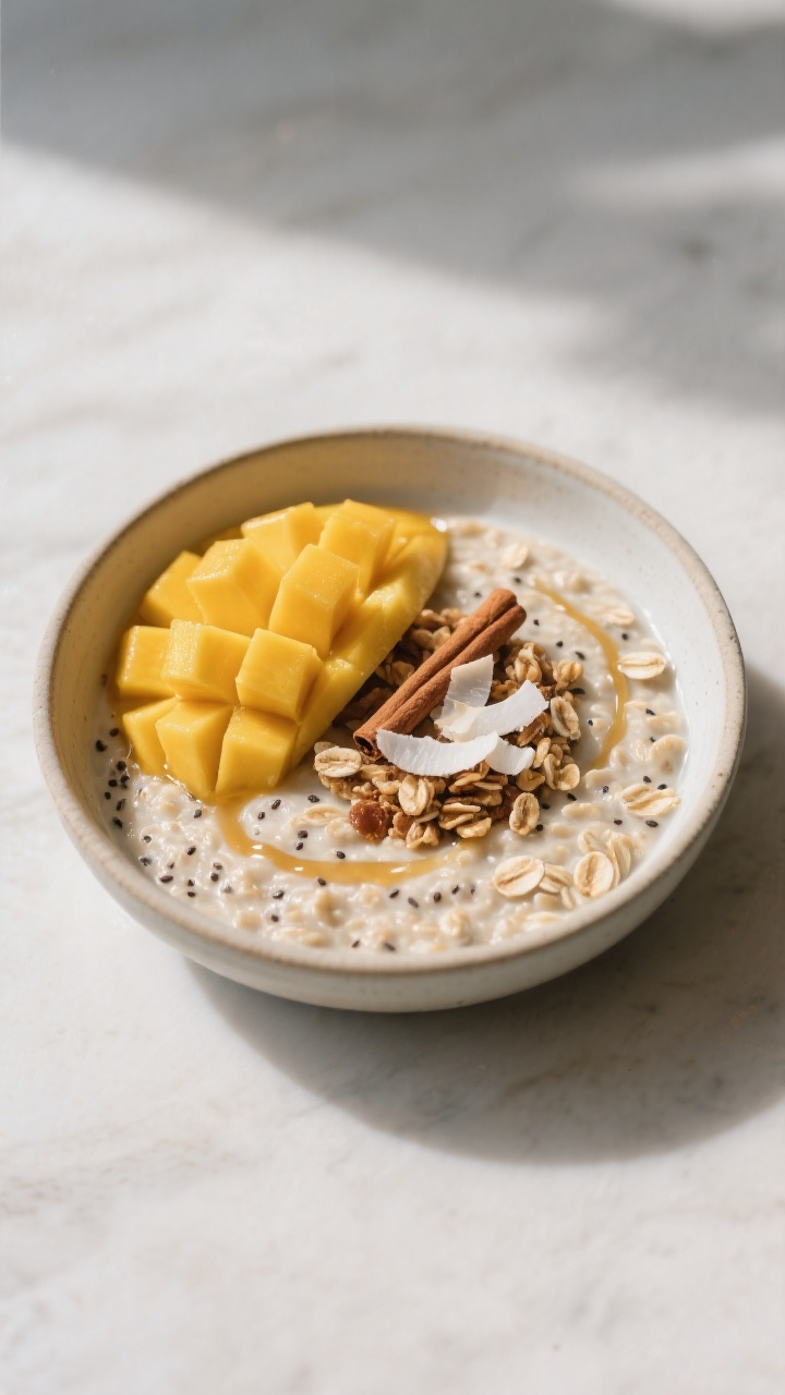 Final dish presentation: Restaurant-quality plating of mango overnight oats served in a wide, shallo