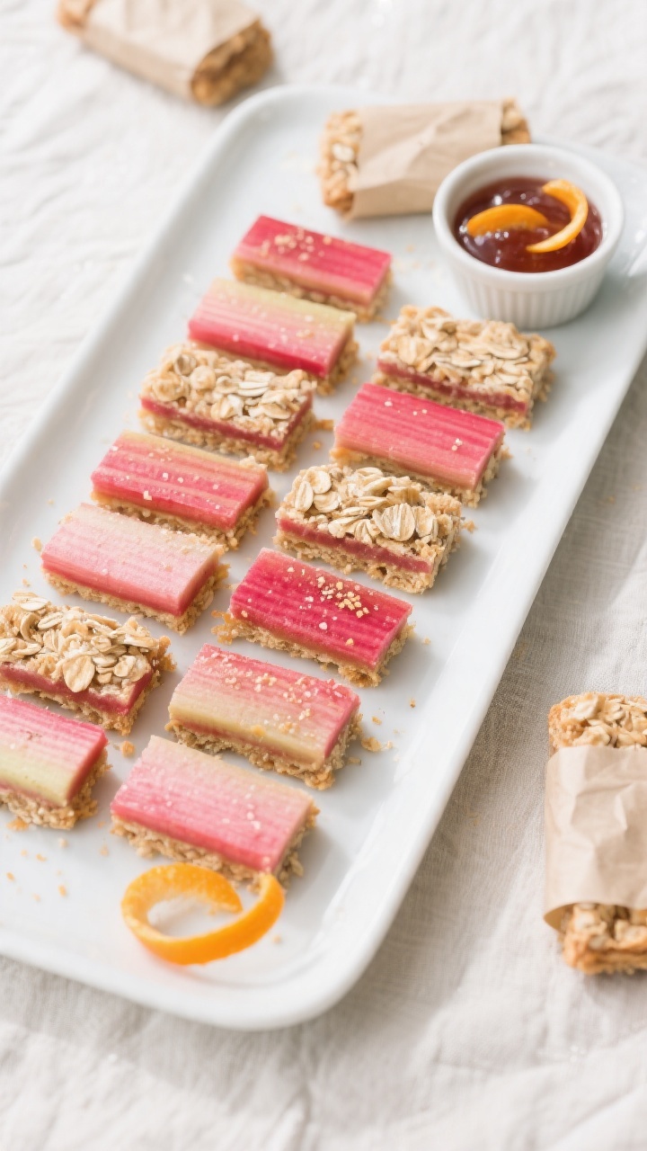 Final dish presentation, tasty top view: Overhead shot of neatly sliced rhubarb snack bars (12 squar