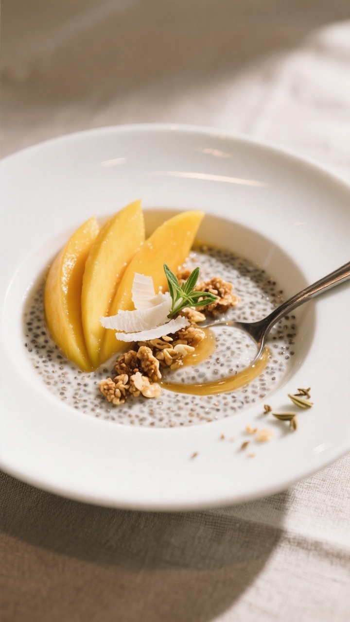 Final plated beauty: Restaurant-quality presentation of creamy mango chia pudding in a low, white bo