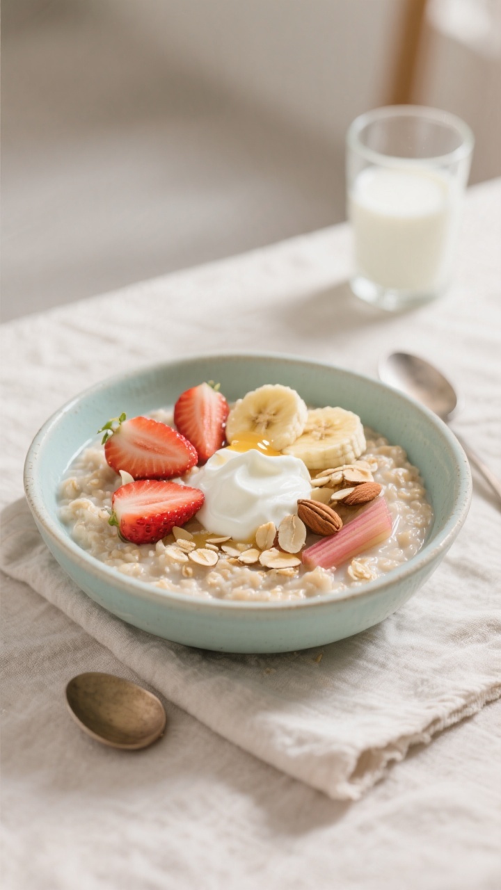 Final plated bowl, kid-friendly presentation: Beautifully plated rhubarb oatmeal in a pastel ceramic