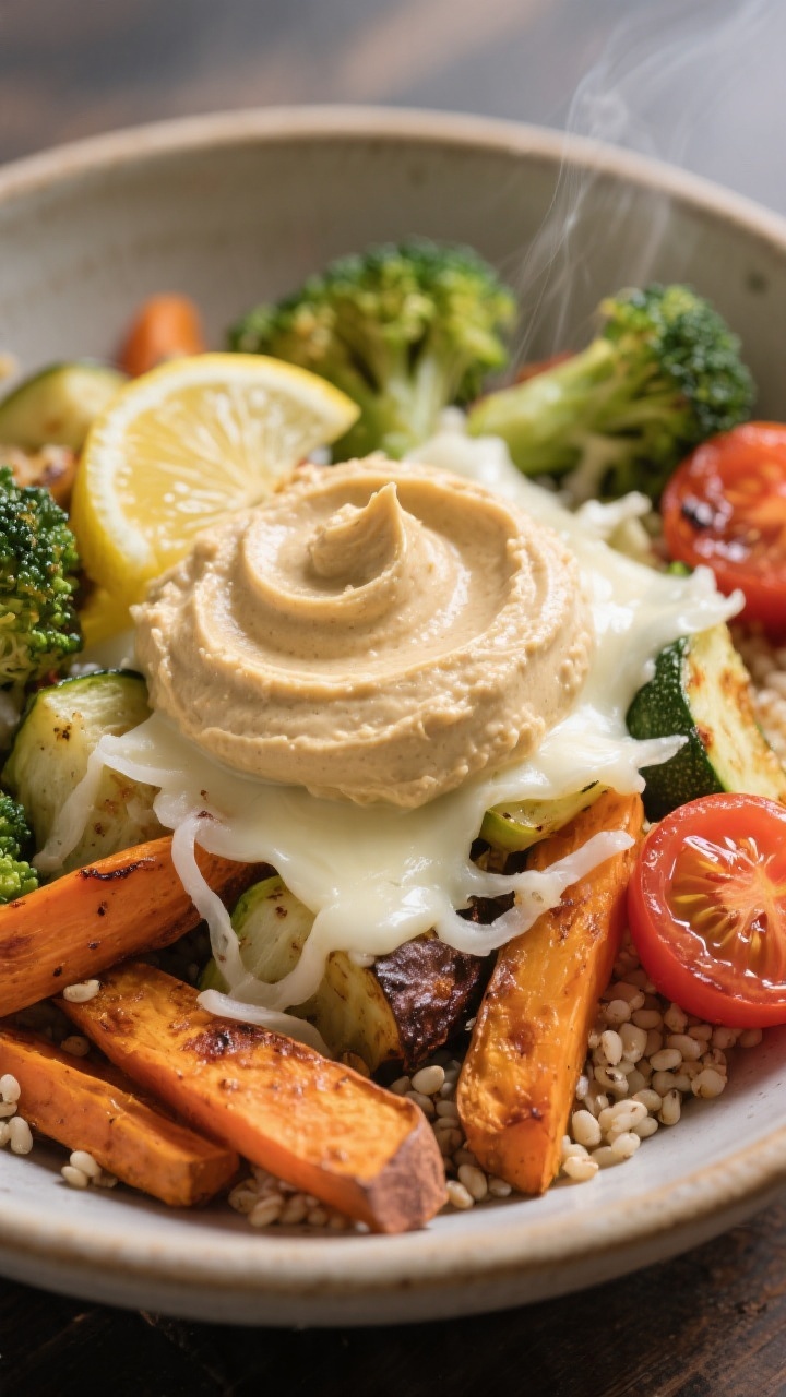 Final plated, cozy close-up: Intimate close-up of a built roasted veggie bowl where shredded mild mo