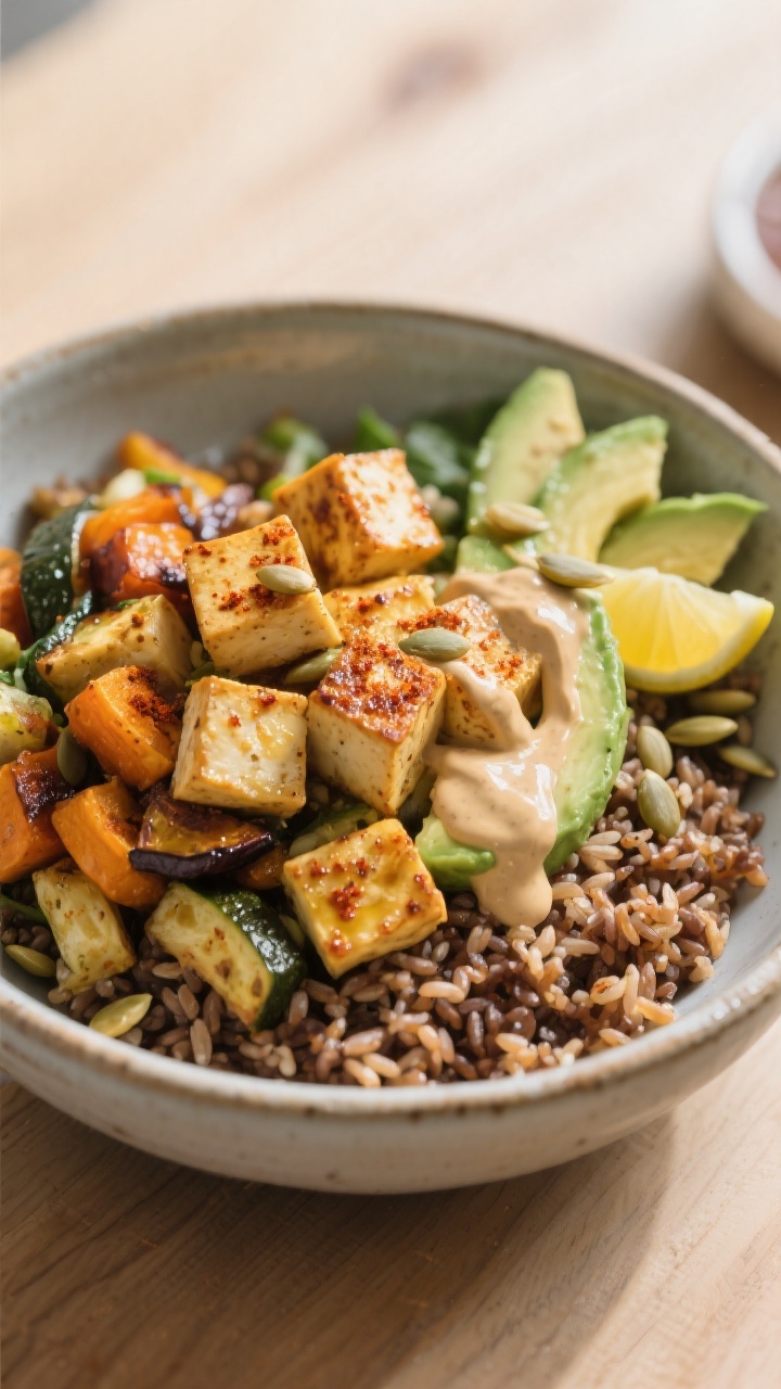Final plated, cozy presentation: Beautifully assembled Mediterranean-leaning roasted veggie bowl ove