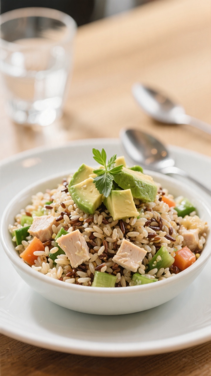 Final plated dish close-up: Single-serve portion of Kids Rice Salad mounded neatly in a small kid-fr