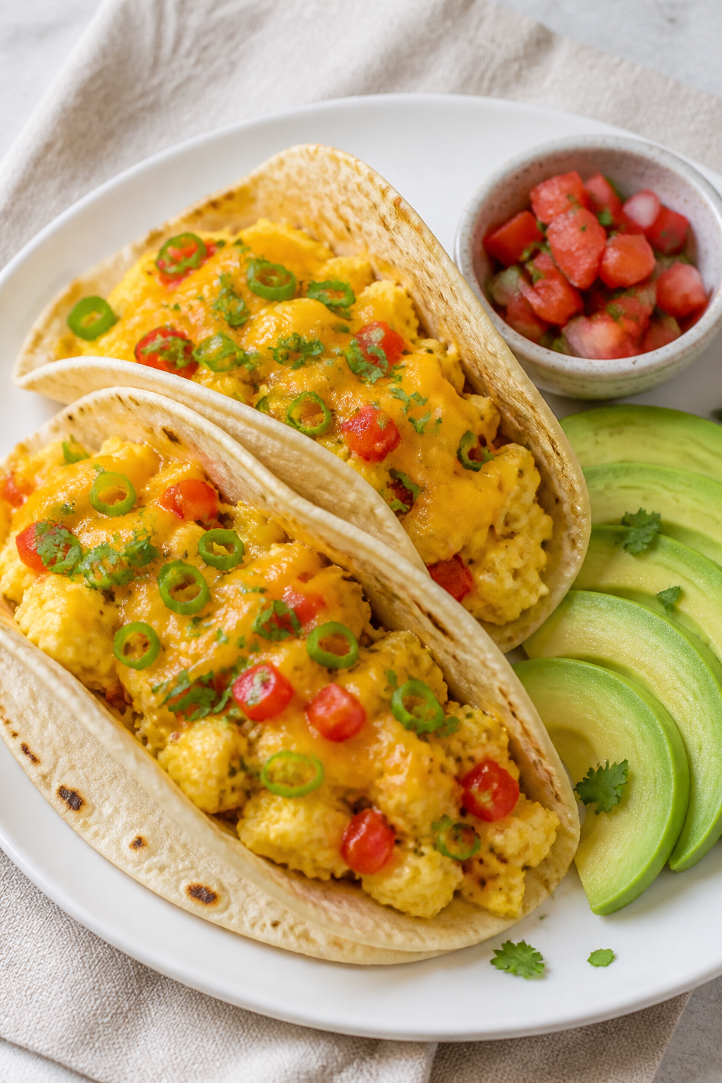 Final plated dish, kid-friendly presentation: Cheesy Mexican scrambled eggs tucked into warm small f