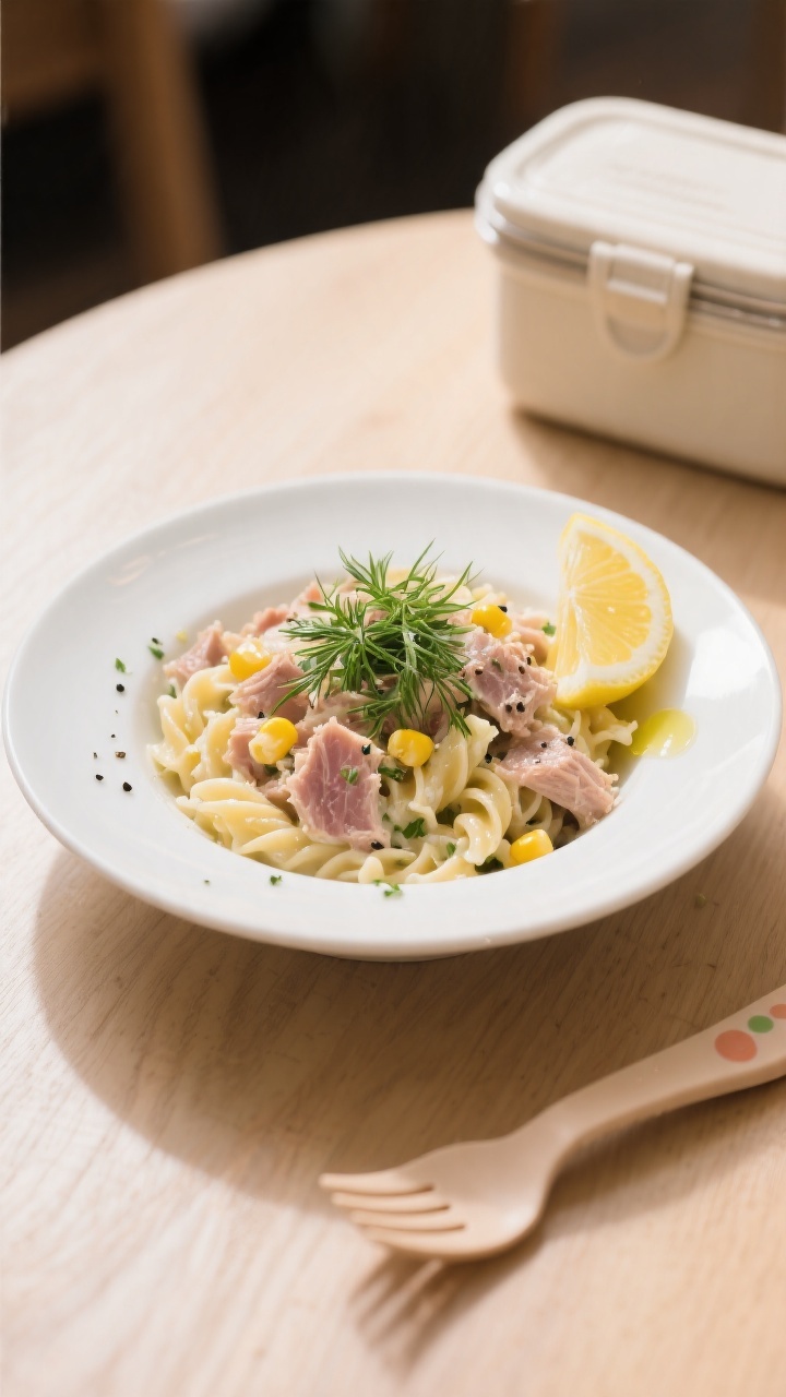 Final plated dish: Restaurant-quality presentation of chilled tuna pasta salad served in a wide, sha