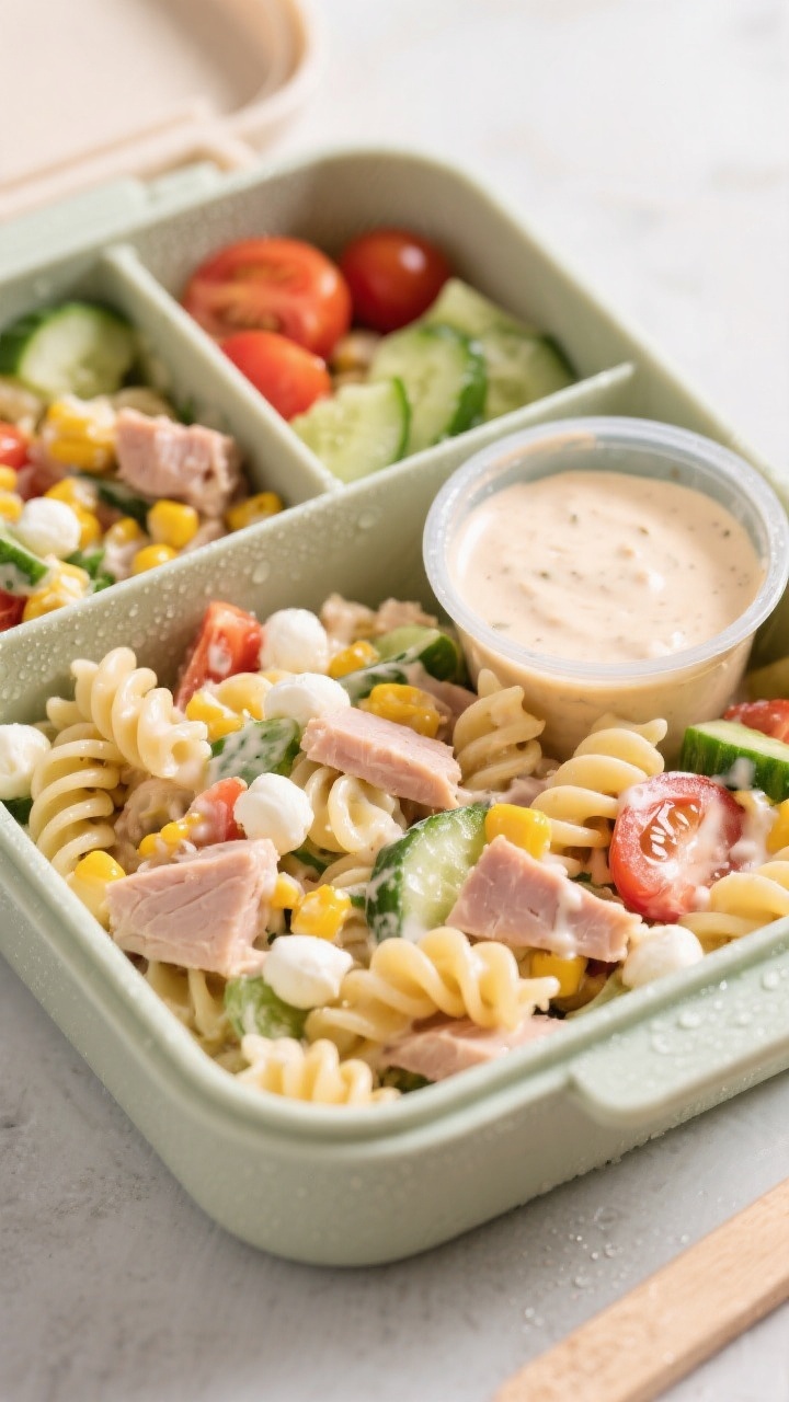 Final plated lunchbox presentation: Close-up, three-quarter angle of the chilled pasta salad portion
