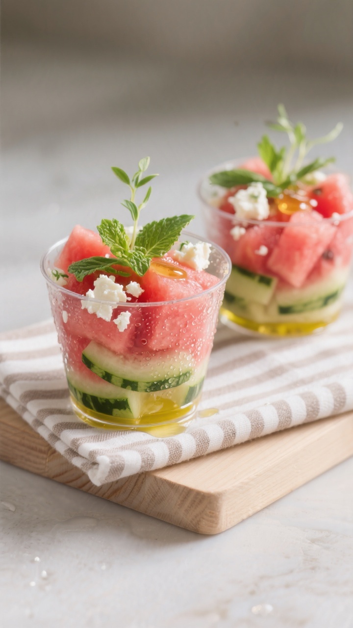 Final plated presentation: Individual kid-friendly servings layered in clear cups—vivid watermelon