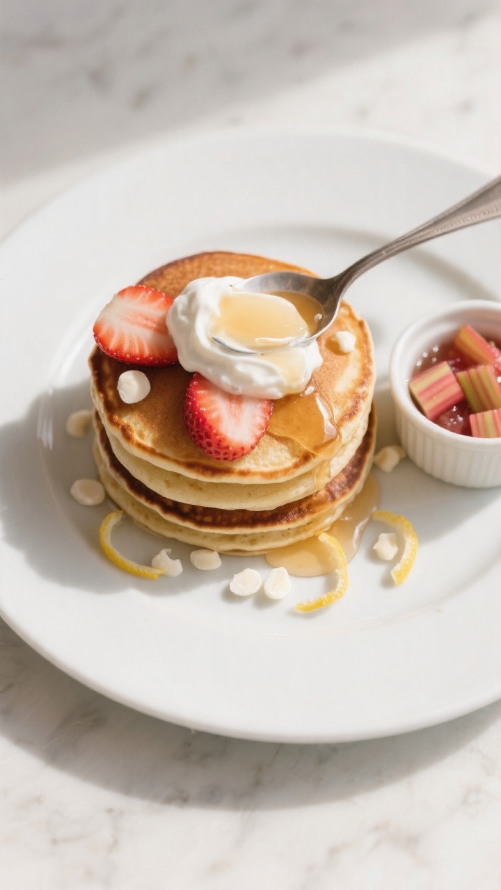 Final plated presentation: Restaurant-quality plating of rhubarb pancakes stacked neatly on a matte 