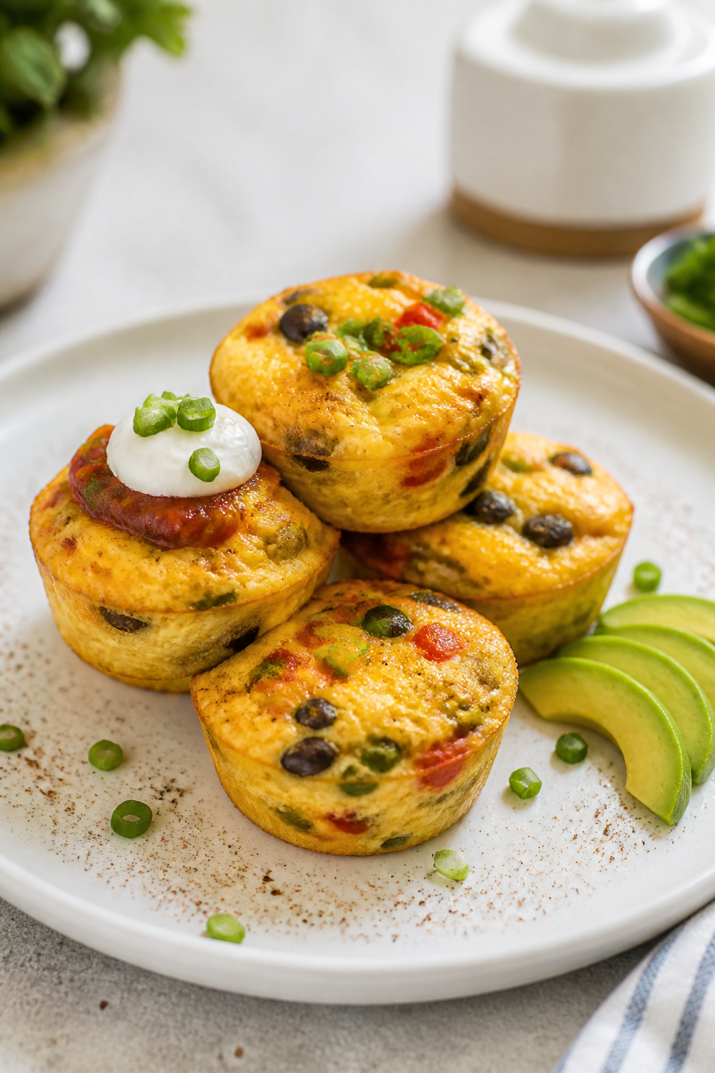 Final plated presentation: Restaurant-quality plate with 4 mini Mexican egg muffins stacked slightly