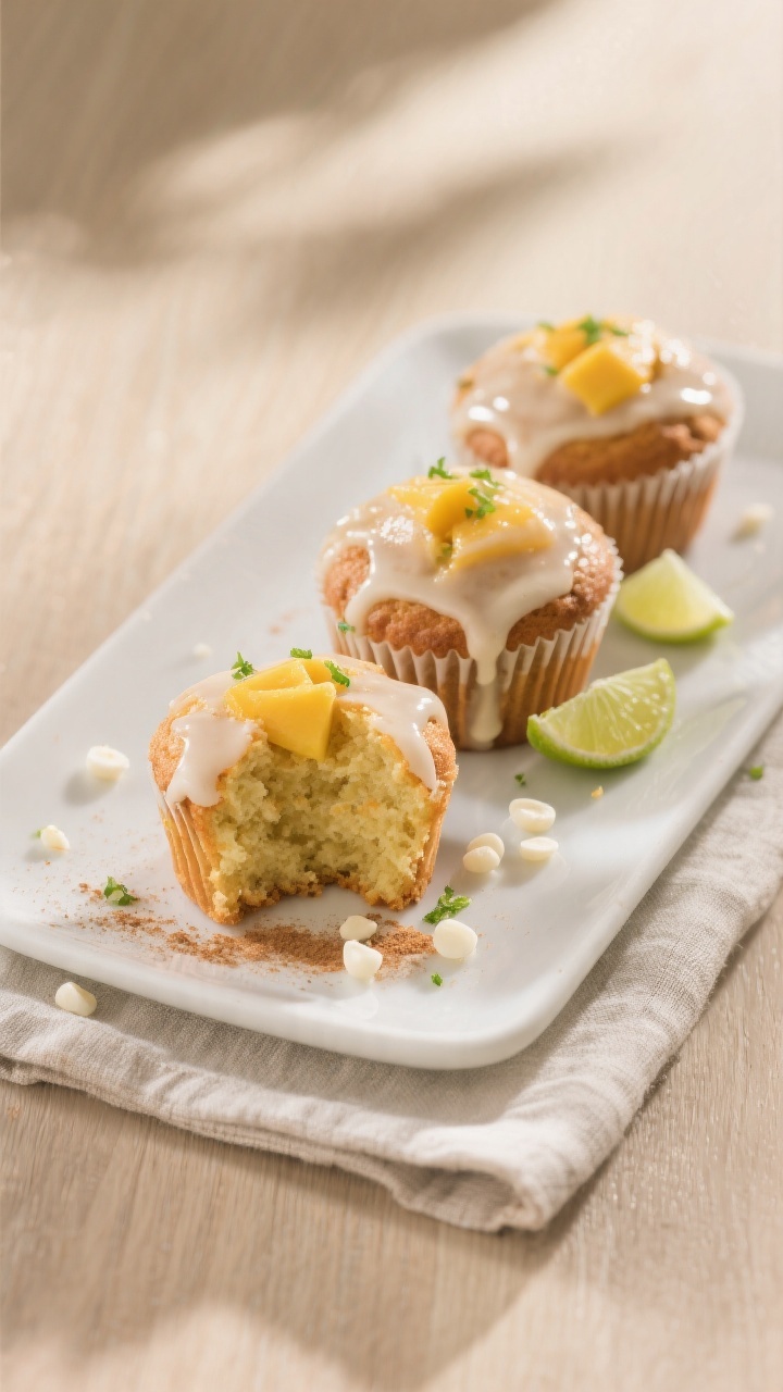Final plated presentation: Three mango muffins on a white ceramic plate, one sliced to show fluffy,