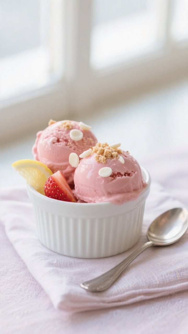 Final plated scoop: Beautifully plated kid-friendly rhubarb ice cream—two round scoops in a chille