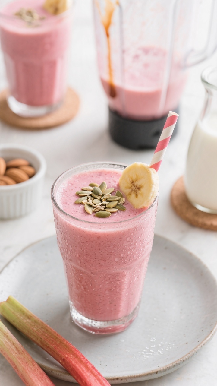 Final presentation, beauty shot: Close-up of a thick, frosty rhubarb smoothie in a clear glass with 