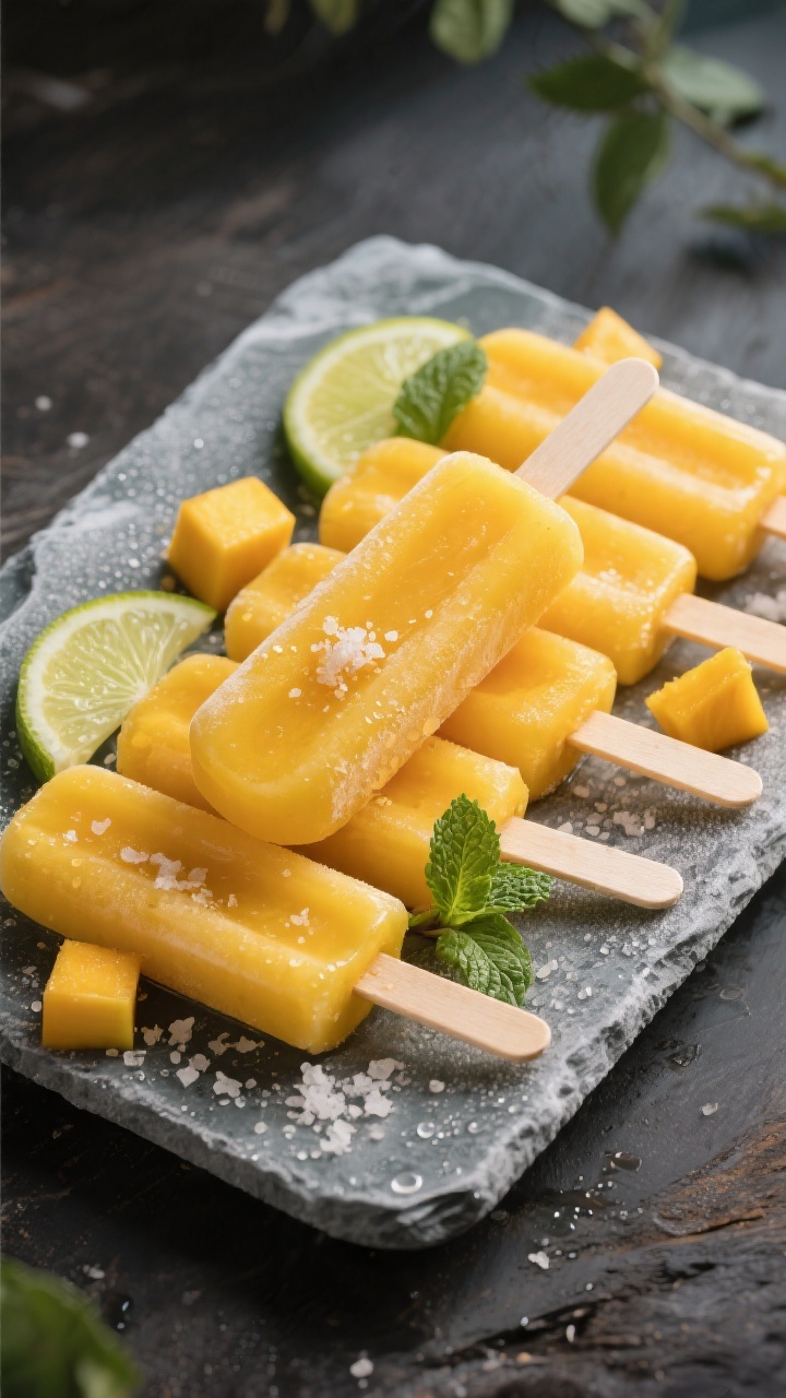 Final presentation: Restaurant-quality platter of finished mango popsicles arranged in a fan on a ch