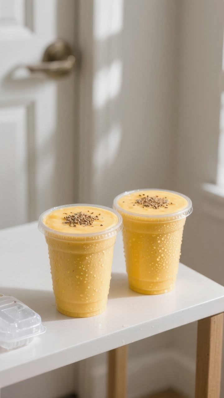 Final presentation: Two lidded to-go cups of mango smoothie for on-the-go mornings, condensation bea